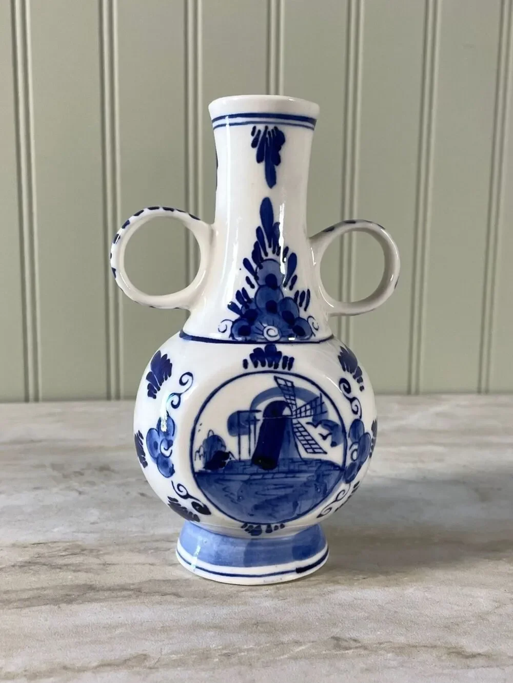 Vintage Holland Delf Double Handled Blue and White Vase
